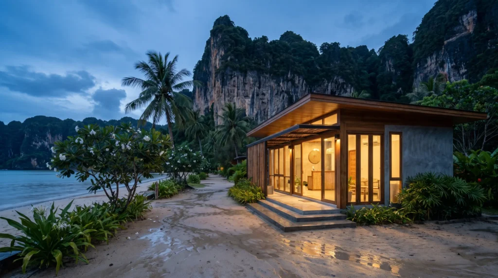 Takecare Clinic Railay lit at dusk beneath the limestone cliffs, Krabi