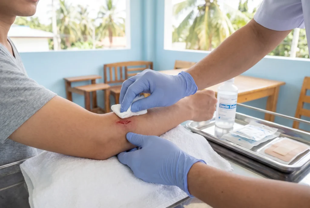 Clinician cleaning and dressing a wound at the walk-in clinic in Railay