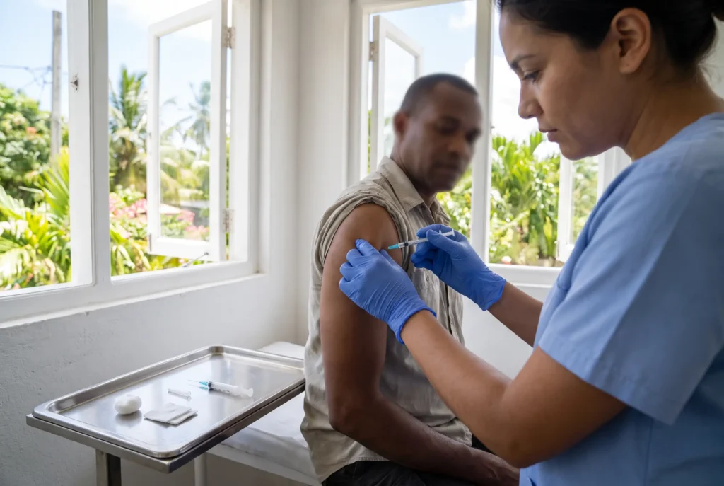 Clinician giving a vaccination injection at the clinic in Railay, Krabi