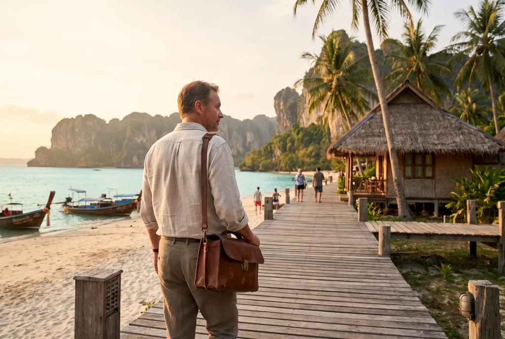 Doctor walking to a resort bungalow on Railay for a room visit