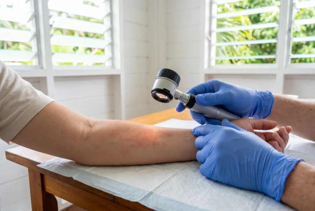 Doctor examining a skin rash on a patient's arm at the clinic in Railay